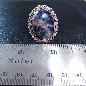 Large 18x22mm Blue and Cream Natural Sodalite Stone BOHO  Statement Ring Sz 8
